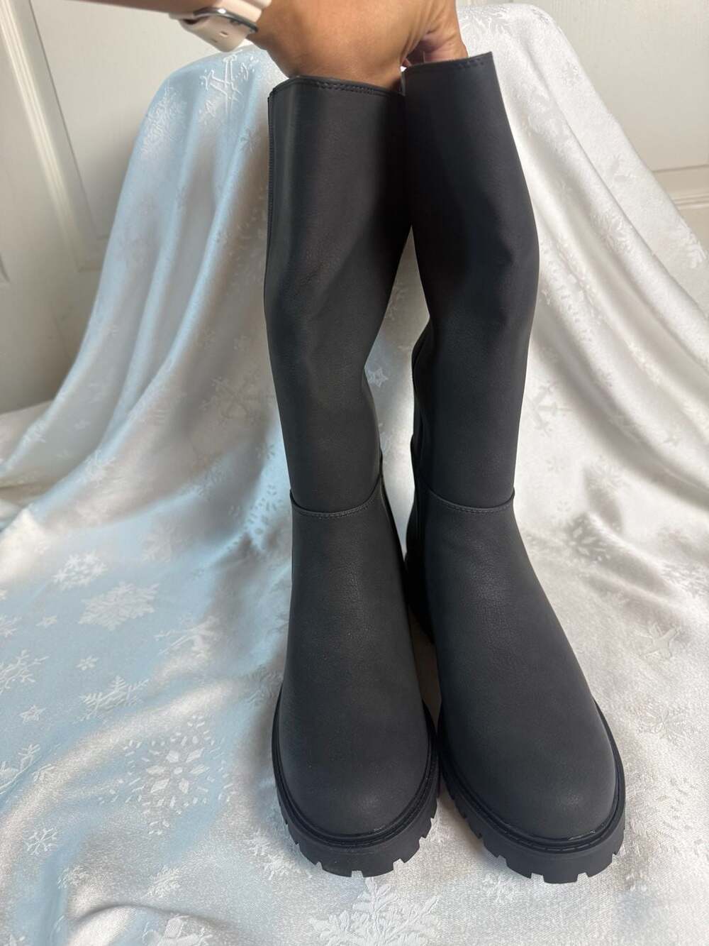 Journee Collection Brandi Black Knee High Lug Boots 8.5 XWC Wide Calf Moto
